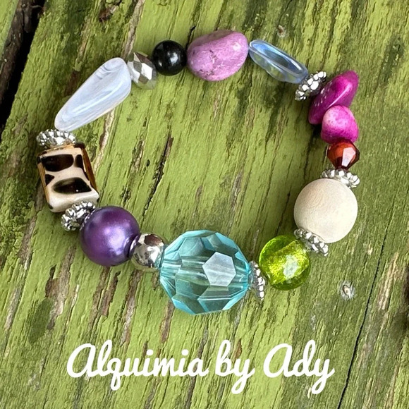 Alquimia Jewelry - Multicolor gemstones and bubble glass beaded bracelet maximalist oversized